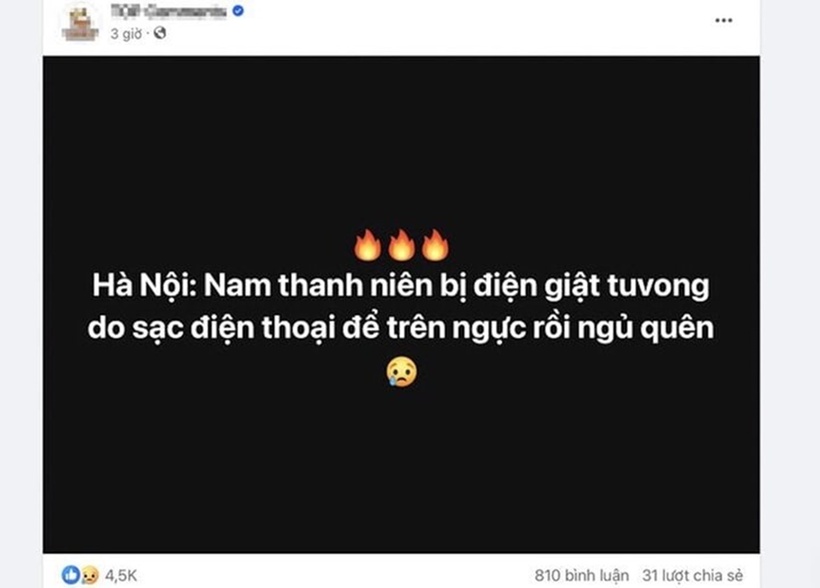 Mạng xã hội đăng tải thông tin nam thanh niên sạc điện thoại qua đêm để quên trên ngực bị điện giật tử vong. Ảnh: Báo Giao thông.