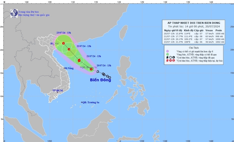 Hướng di chuyển của áp thấp nhiệt đới. Ảnh: Trung tâm dự báo Khí tượng thủy văn Quốc gia
