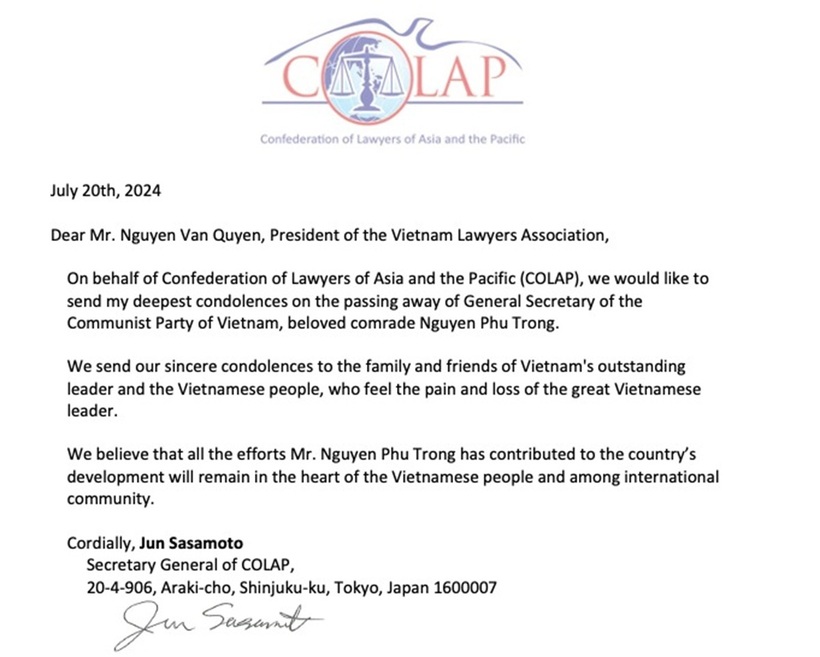 Hội Luật gia Châu Á - Thái Bình Dương gửi điện chia buồn Tổng Bí thư Nguyễn Phú Trọng từ trần - 1