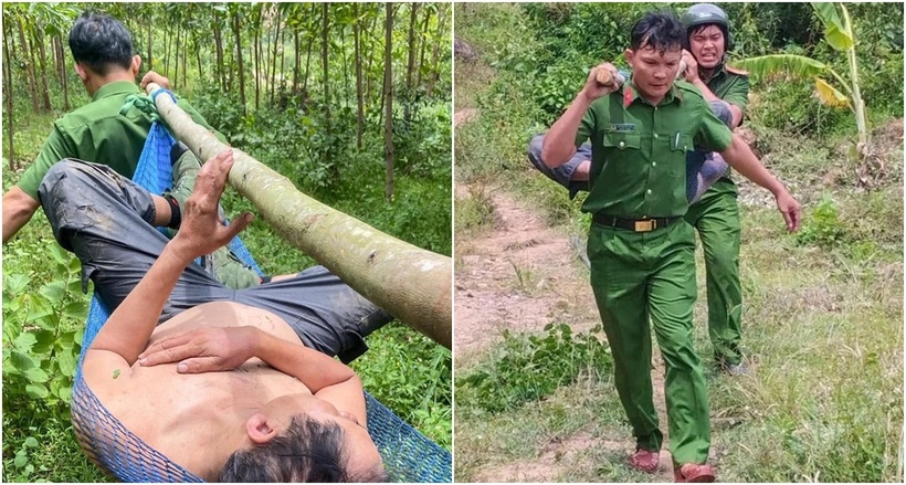 Hai chiến sĩ công an xã Hòa Quang Bắc đưa một trong hai người dân đi cấp cứu. (Ảnh: Pháp luật TP.HCM)