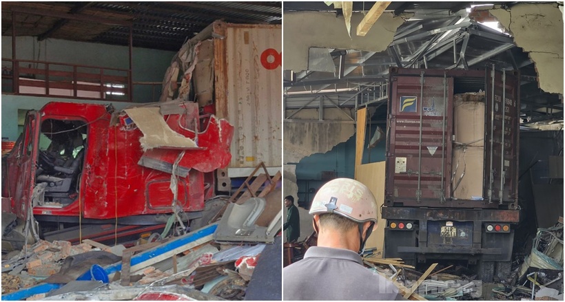 Hình ảnh xe container lao vào nhà dân. (Ảnh: Tiền phong)
