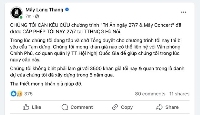 Bài đăng khiến khán giả phản ứng gay gắt của ban tổ chức Mây Lang Thang