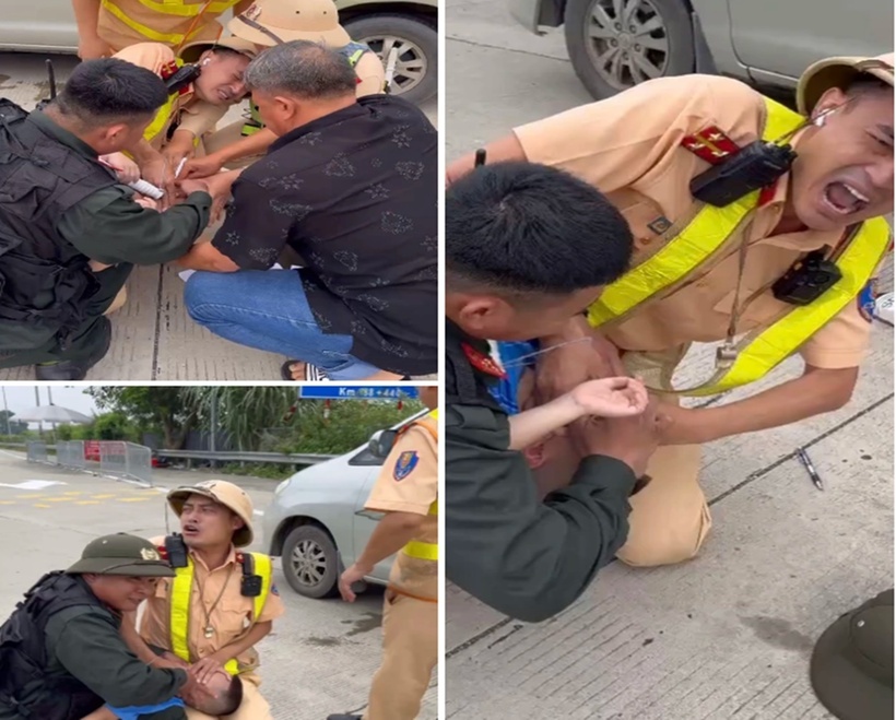 Đại úy Bùi Chí Công cùng các chiến sĩ CSCĐ (C08, Bộ Công an) cứu cháu bé co giật trên tuyến cao tốc Pháp Vân - Cao Bồ - Mai Sơn - QL45.