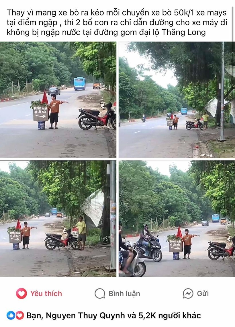 Cậu bé Hà Nội cảnh báo điểm ngập cho người đi xe máy gây sốt mạng.