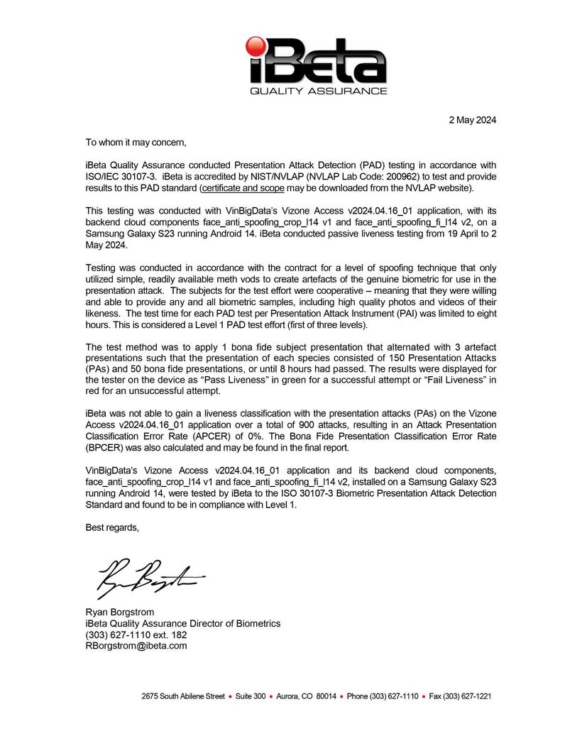 Giải pháp Vizone Access được iBeta chứng nhận về khả năng nhận diện người thật, phát hiện giả mạo danh tính