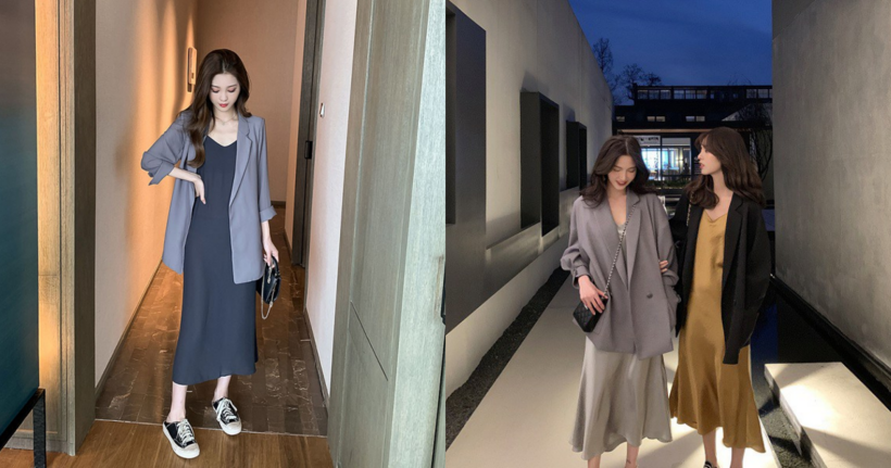Phối váy 2 dây nữ tính với áo blazer mang đến sự kết hợp độc đáo