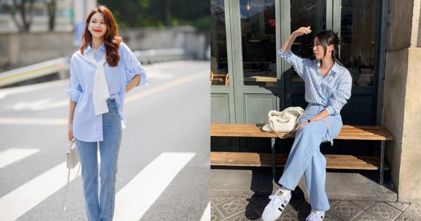 Kết hợp áo kẻ sọc với quần vải hoặc quần jeans rộng giúp "hack" dáng hiệu quả