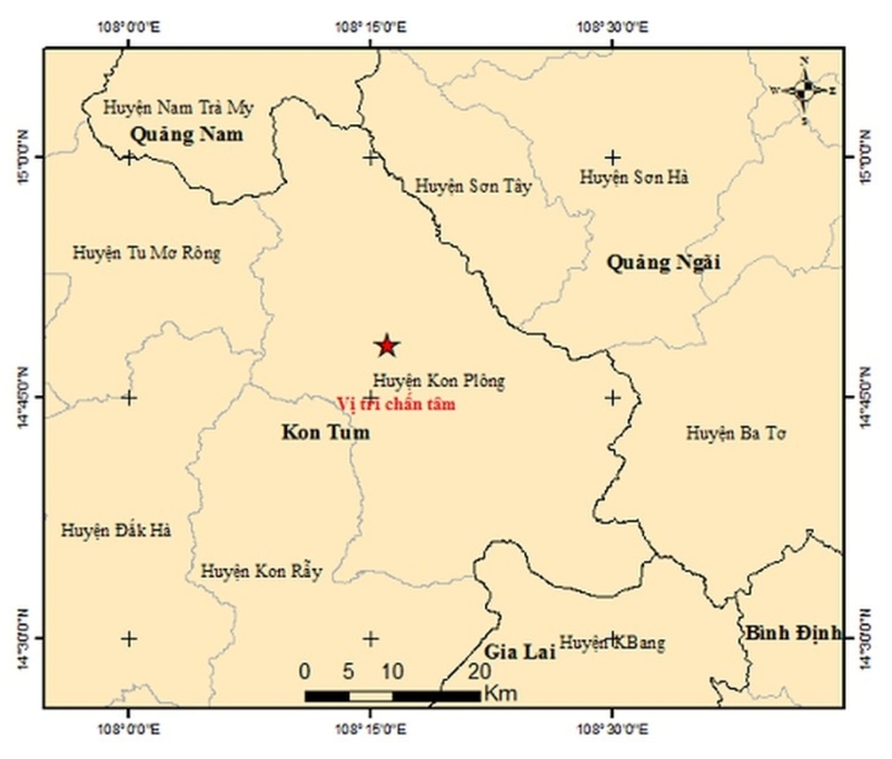 Bản đồ tâm chấn trận động đất mạnh 3,4 độ lúc 7h06 ngày 31/7. Ảnh: Viện Vật lý địa cầu/ Tuổi Trẻ Online