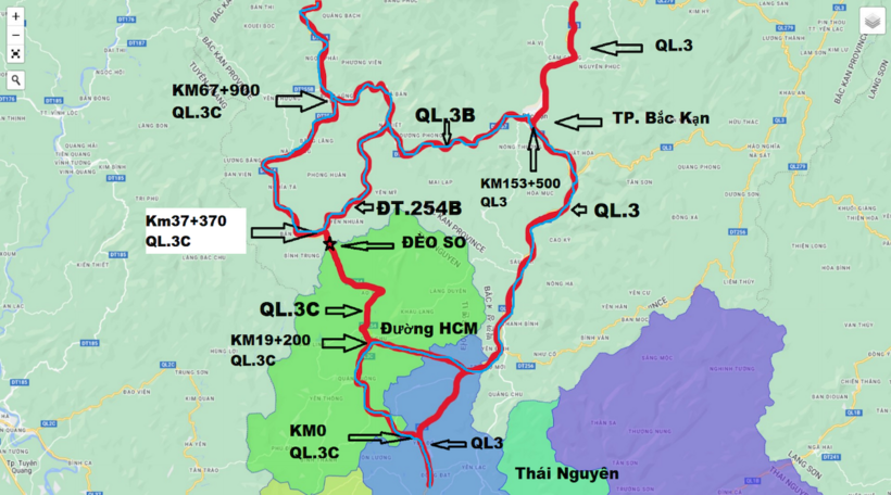 Sơ đồ phân luồng giao thông Quốc lộ 3C đoạn qua địa bàn Thái Nguyên