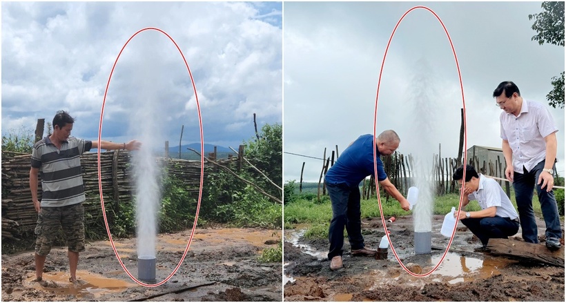 Đoàn công tác của Bộ TN&MT kiểm tra giếng khoan phun cột nước cao hơn 10m sau động đất. (Ảnh: Dân Việt)