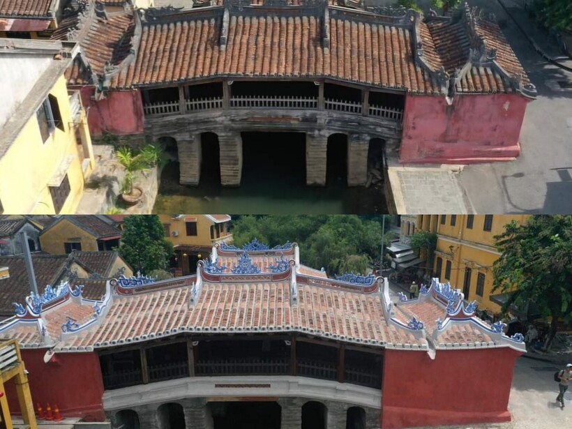 Chùa Cầu trước và sau cuộc đại trùng tu. Ảnh: Cổng thông tin Bộ Văn hóa, Thể thao và Du lịch