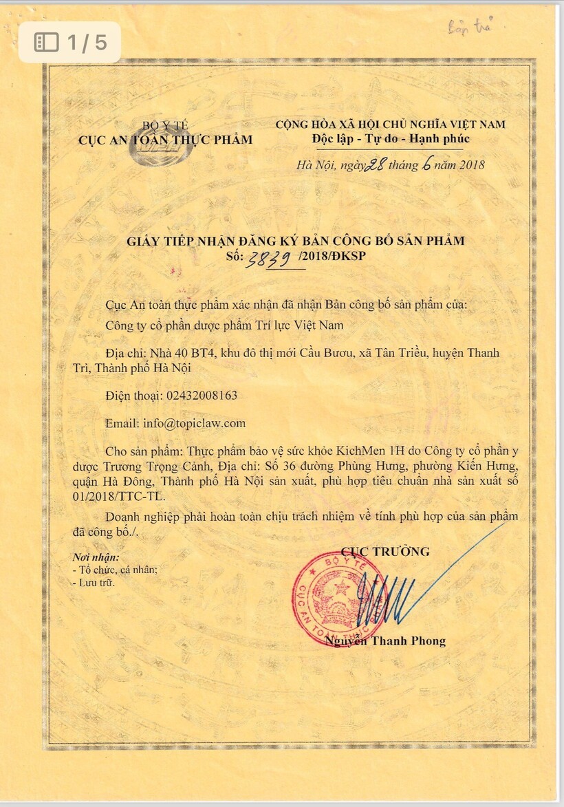 Sản phẩm KICHMEN 1H của Trí Lực Pharma được Bộ Y Tế - CATTP cấp phép