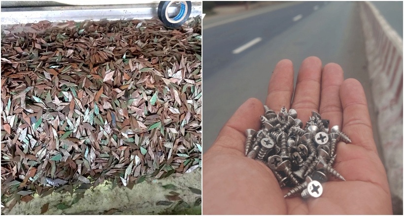 Nhiều kim loại nhọn, ốc vít được các "hiệp sĩ đường phố" hút trên các tuyến đường ở TP.Dĩ An, tỉnh Bình Dương. (Ảnh: Tiền phong)