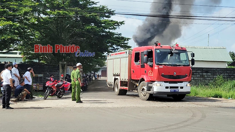Lửa cháy dữ dội, cột khói bốc cao hàng trăm mét ở công ty dầu điều. (Ảnh: Báo Bình Phước)