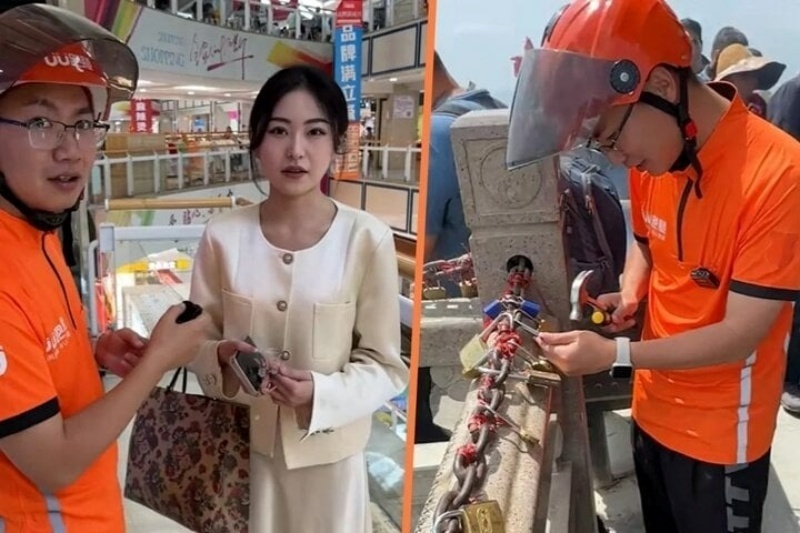 Cô gái ở Trung Quốc đã trả 300 nhân dân tệ cho shipper leo lên núi để cắt ổ khóa kim loại mà cô và bạn trai cũ đã đặt. Ảnh: Douyin