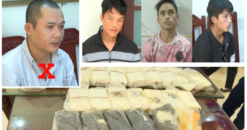 Các đối tượng Nguyễn Tính (X), Thao Chứ Ly, Sung Văn Hơ và Hơ Văn Gia cùng tang vật vụ án. (Ảnh: Công an Thanh Hóa)