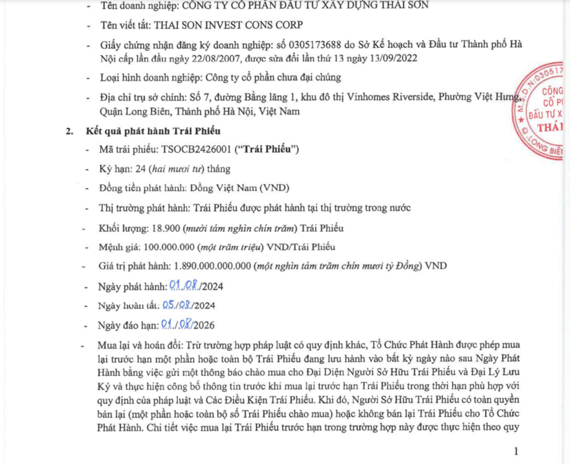 Thông tin về lô trái phiếu mã lô trái phiếu mã TSOCB2426001.