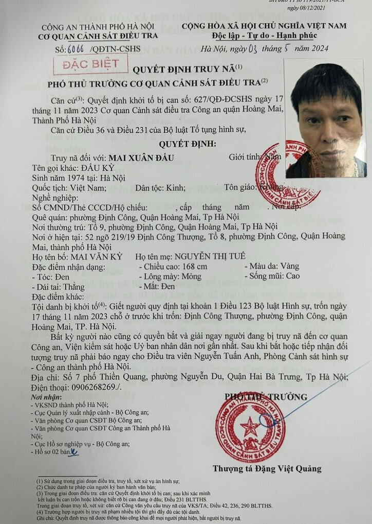 Quyết định truy nã Mai Xuân Đấu của Cơ quan Cảnh sát điều tra Công an TP. Hà Nội.