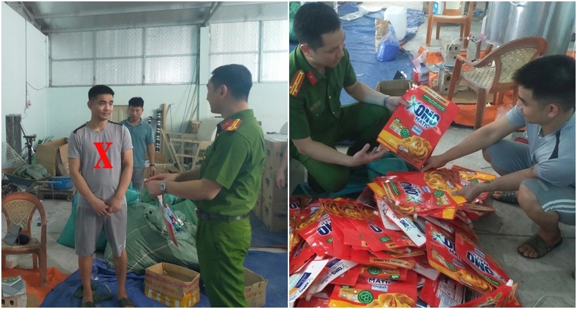 Bên trong khu vực sản xuất của Lê Hạ Tuấn (dấu X), lực lượng công an thu giữ lượng lớn hóa chất, thiết bị dùng để sản xuất hàng giả. (Ảnh: Công an)