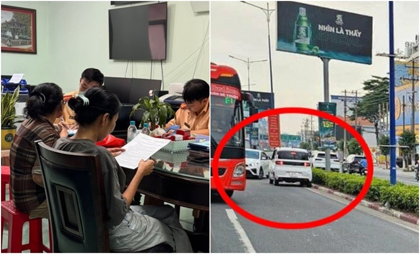 Lực lượng CSGT làm việc với nữ tài xế chạy xe ngược chiều trên quốc lộ 13. (Ảnh: CACC)