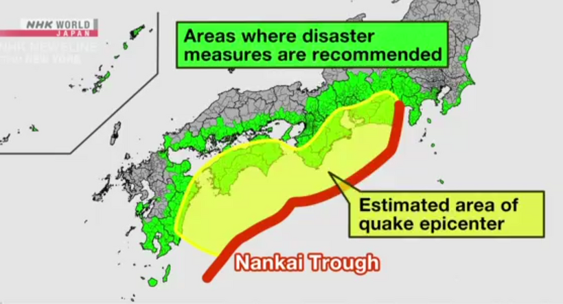 Nhật Bản ra cảnh báo về một trận động đất lớn ở Rãnh Nankai. Ảnh: NHK