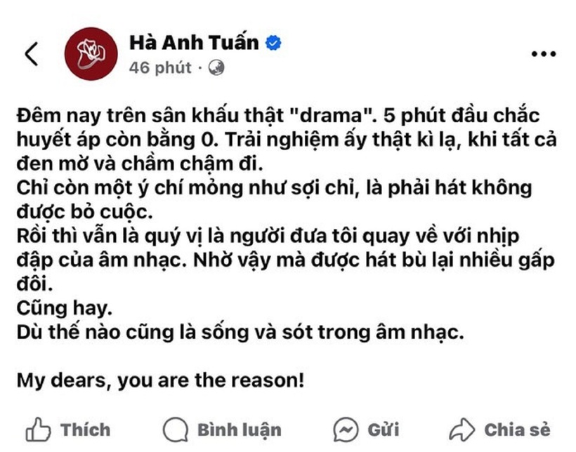 Hà Anh Tuấn cho biết anh bị tụt huyết áp khi đang trình diễn