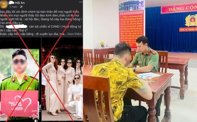 Xử phạt nam thanh niên sử dụng mạng xã hội đăng bài viết kèm hình ảnh cắt ghép trang phục của lực lượng công an. Ảnh: Người lao động