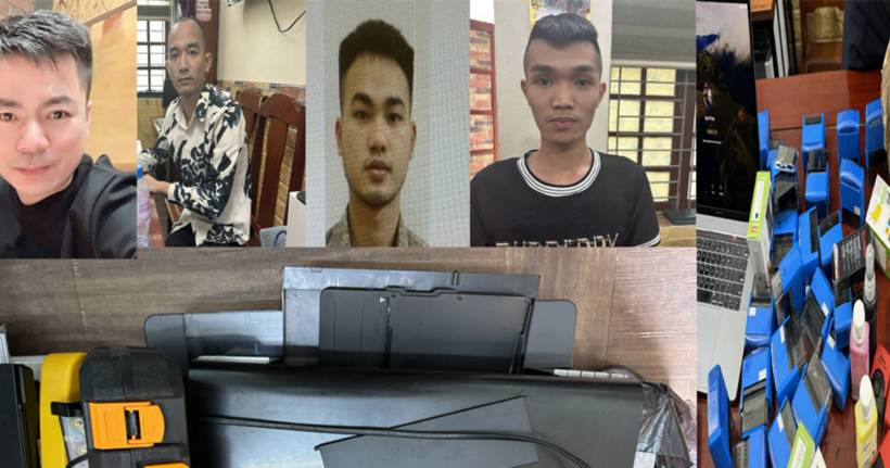 4 đối tượng trong đường dây làm giả giấy tờ để mua bán xe không rõ nguồn gốc bị bắt giữ cùng tang vật. (Ảnh: Công an tỉnh Thanh Hóa)
