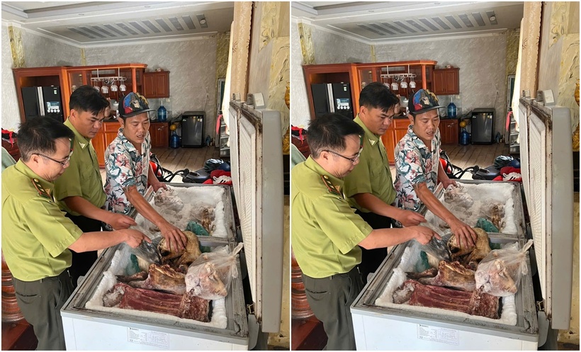 Ngăn tủ cấp đông của ông Phạm Chí Trung chứa nhiều động vật rừng trái phép. (Ảnh: Người lao động)