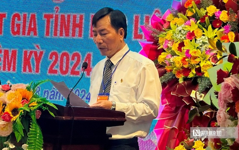 Luật gia Nguyễn Bá Ân, Chủ tịch Hội Luật gia tỉnh Bạc Liêu khóa V, nhiệm kỳ 2019-2024 phát biểu tại đại hội. (Ảnh: Trọng Nghĩa).