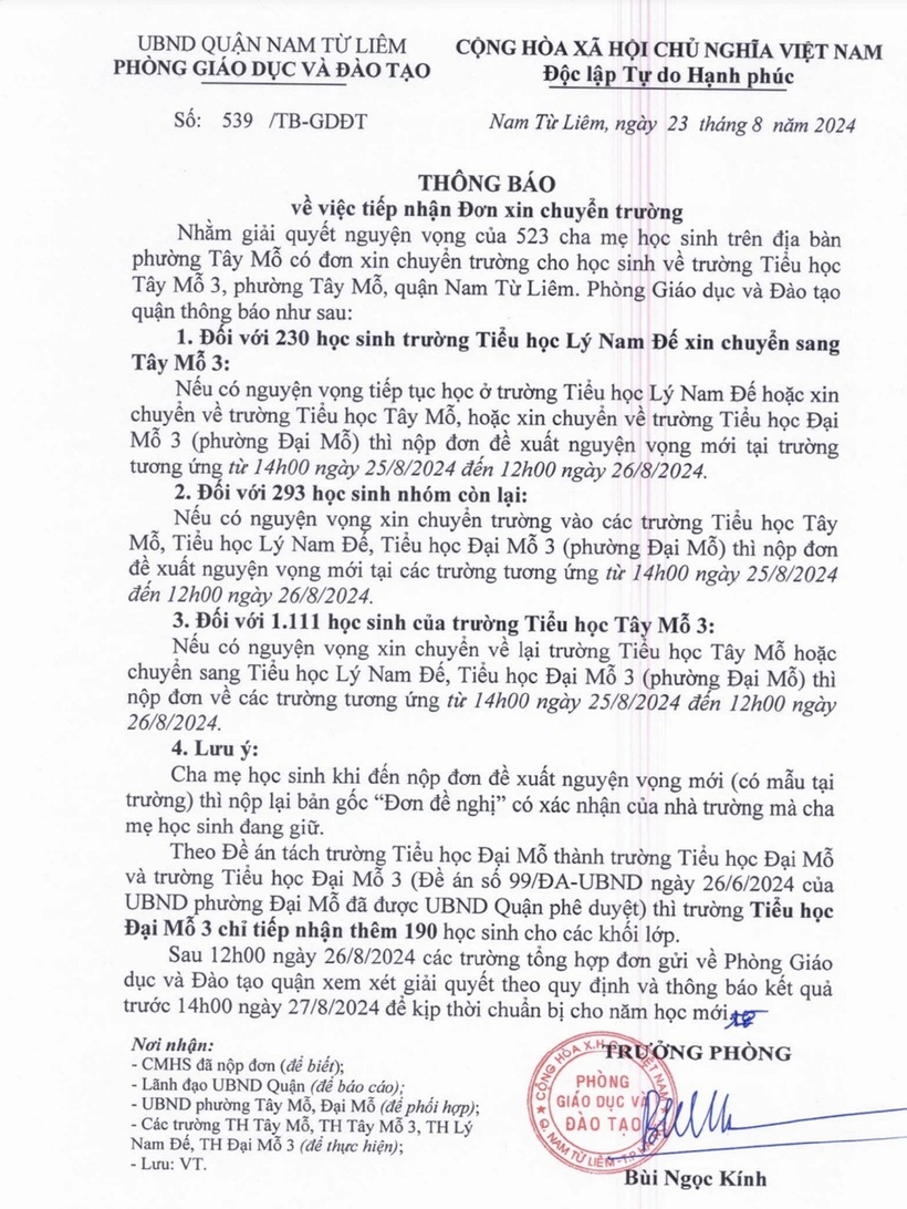 Thông báo về việc tiếp nhận đơn xin chuyển trường của Phòng GD&ĐT quận Nam Từ Liêm. Ảnh: Dân Trí