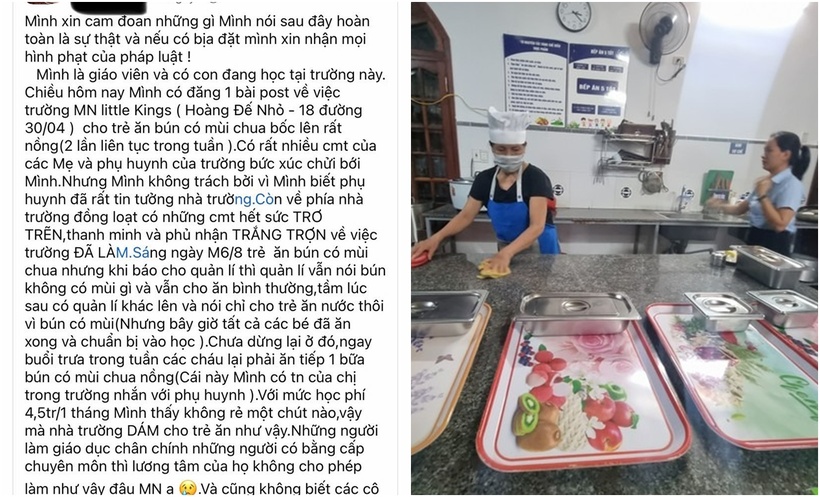 Bài đăng tố nhóm trẻ Hoàng Đế Nhỏ cho hàng chục bé ăn bún thiu và bếp ăn của nhóm trẻ này. (Ảnh: Tiền phong)
