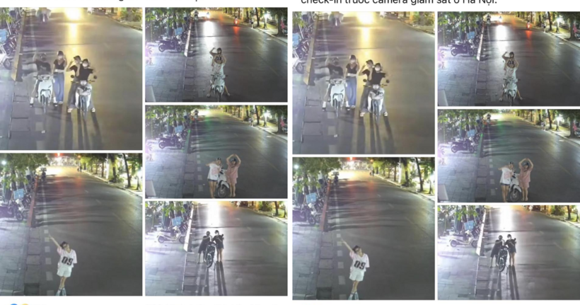 Nhóm người dừng xe thành hàng rồi tạo dáng chụp ảnh trước camera giám sát. (Ảnh: Chụp màn hình)