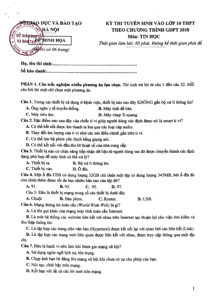 Đề thi minh họa môn Tin học kỳ thi vào lớp 10 theo chương trình mới GDPT 2018 - 1