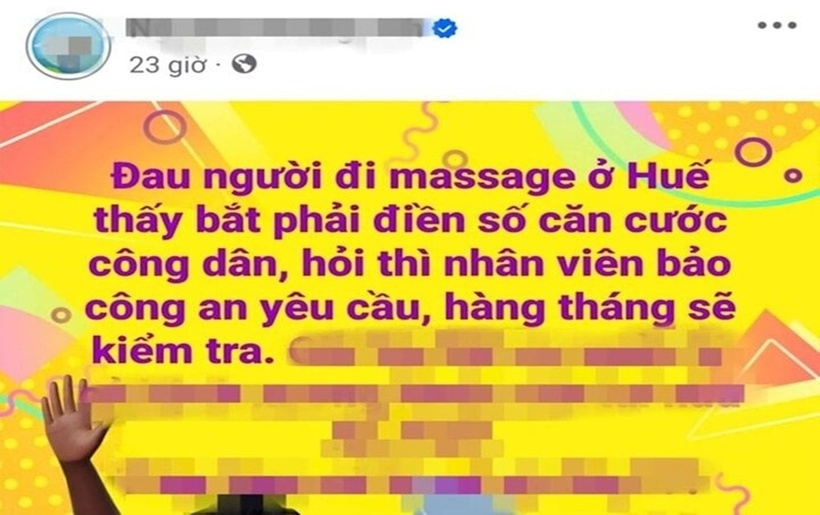 Bài đăng trên mạng xã hội Facebook nói là đi massage ở Huế nhưng không nói rõ tên, địa chỉ quán cụ thể. (Ảnh chụp từ màn hình)