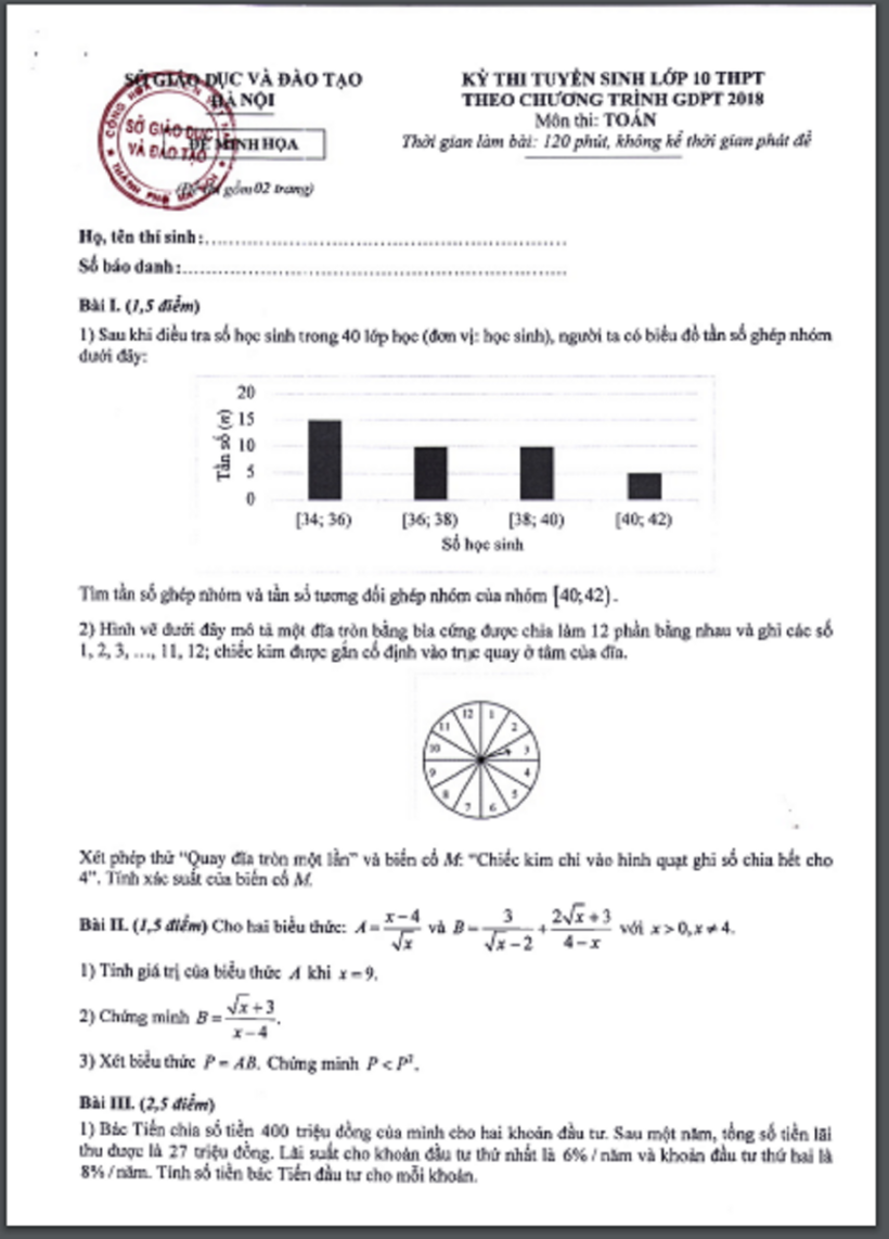 Đề thi minh họa môn Toán vào lớp 10 THPT ở Hà Nội - 1
