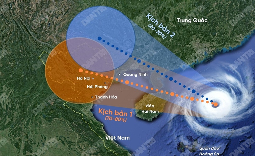 2 kịch bản siêu bão Yagi tác động đến đất liền. (Ảnh: Dân trí)