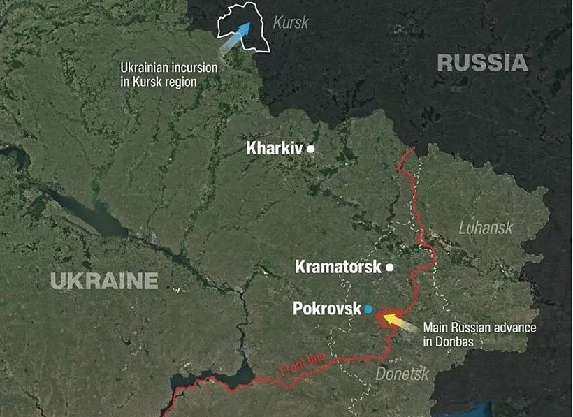 Trong lúc Ukraine sa lầy tại Kursk (trên đất Nga) thì Nga tận dụng thời cơ để đánh lớn ở tỉnh Donetsk với trọng điểm là Pokrovsk. Nguồn: ISW, FMM.