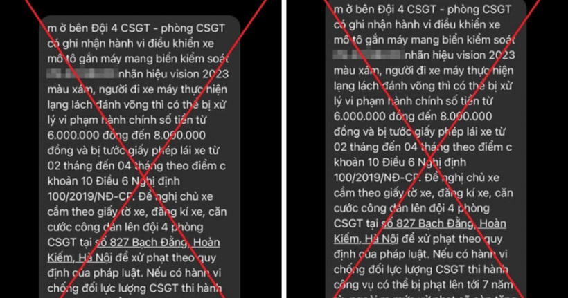 Cảnh giác trước tin nhắn giả mạo lực lượng Cảnh sát giao thông. (Ảnh: Công an TP.Hà Nội)