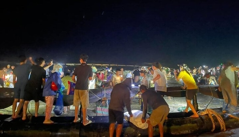 Khoảng 500 người dân ở nhiều địa phương tại TP Móng Cái đang nhặt cá dạt vào bãi biển. Ảnh: VTC News.