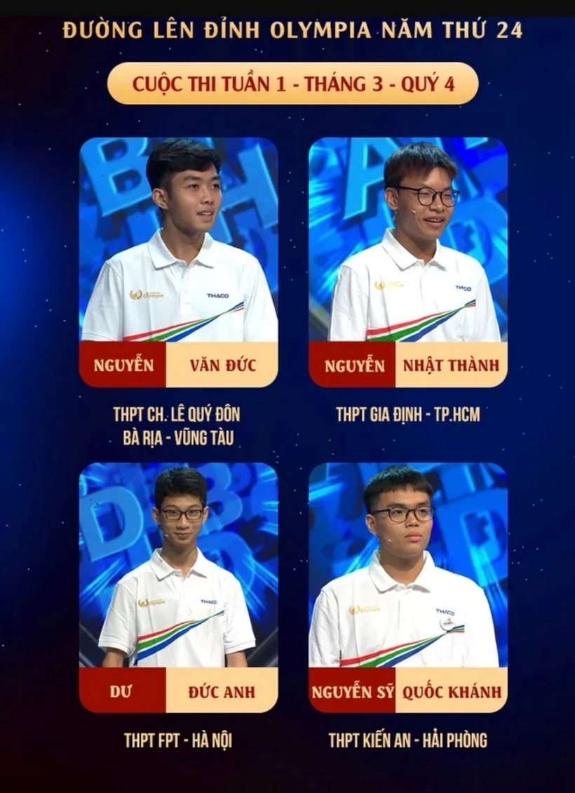 Bốn "nhà leo núi" trong trận tuần mở đầu tháng 3 quý IV Đường lên đỉnh Olympia năm thứ 24. Ảnh: VTV Times
