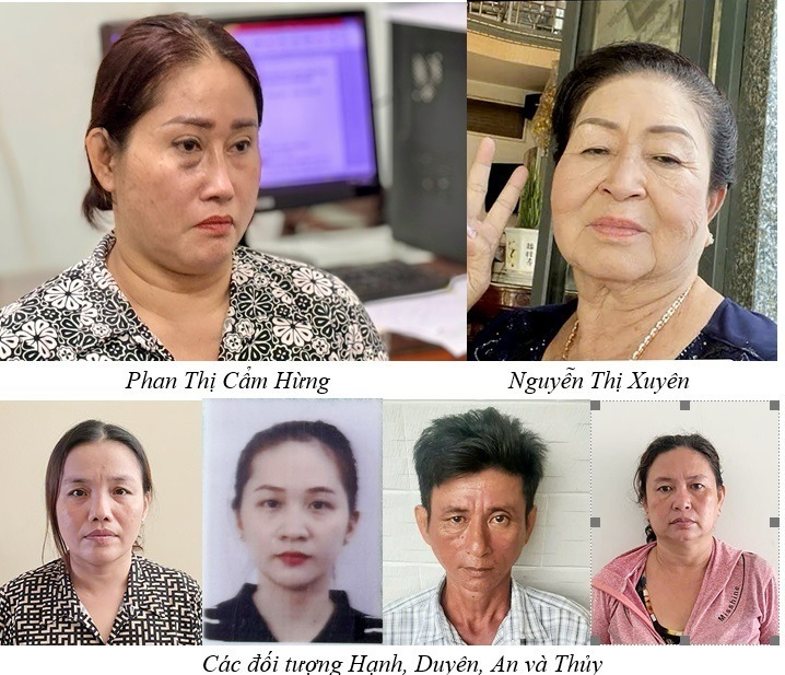 Các đối tượng bị tạm giữ hình sự về hành vi môi giới mại dâm. Ảnh: Công an tỉnh An Giang