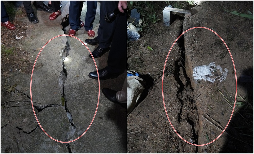 Vị trí sụt lớn nhất khoảng 1m, chung quanh có nhiều vết nứt khoảng 10-15 cm. (Ảnh: Tiền phong)