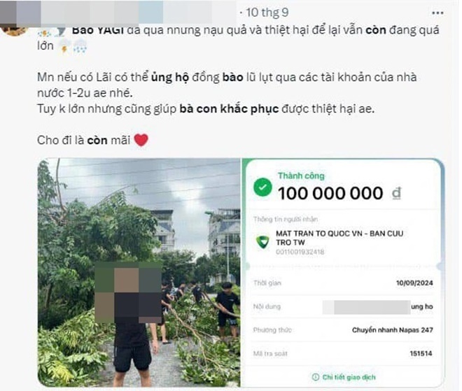 Nhà sáng tạo nội dung T.D.A cũng bị dân tình tố “thổi phồng” số tiền ủng hộ khắc phục hậu quả do siêu bão Yagi. Ảnh: Báo Thanh niên.