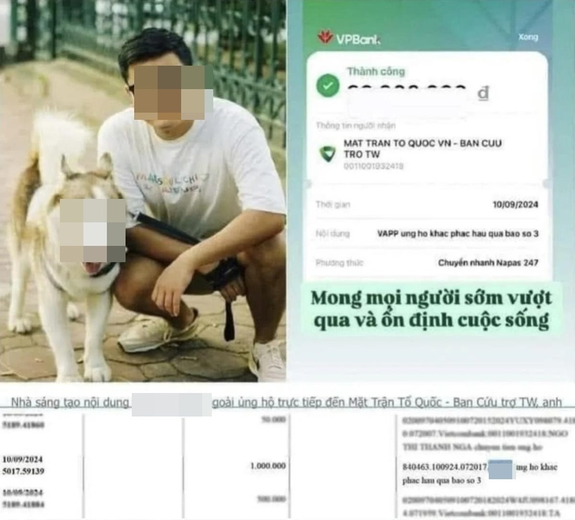 P.V.A chủ nhân kênh TikTok có 1,2 triệu lượt theo dõi bị phát hiện ủng hộ 1 triệu đồng nhưng đăng ảnh chụp màn hình đã chuyển khoản 20 triệu đồng. Ảnh: Saostar.