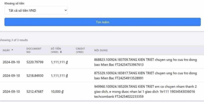 Phần sao kê 3 lần chuyển khoản của Tăng Kiến Triết. Ảnh: VietNamNet