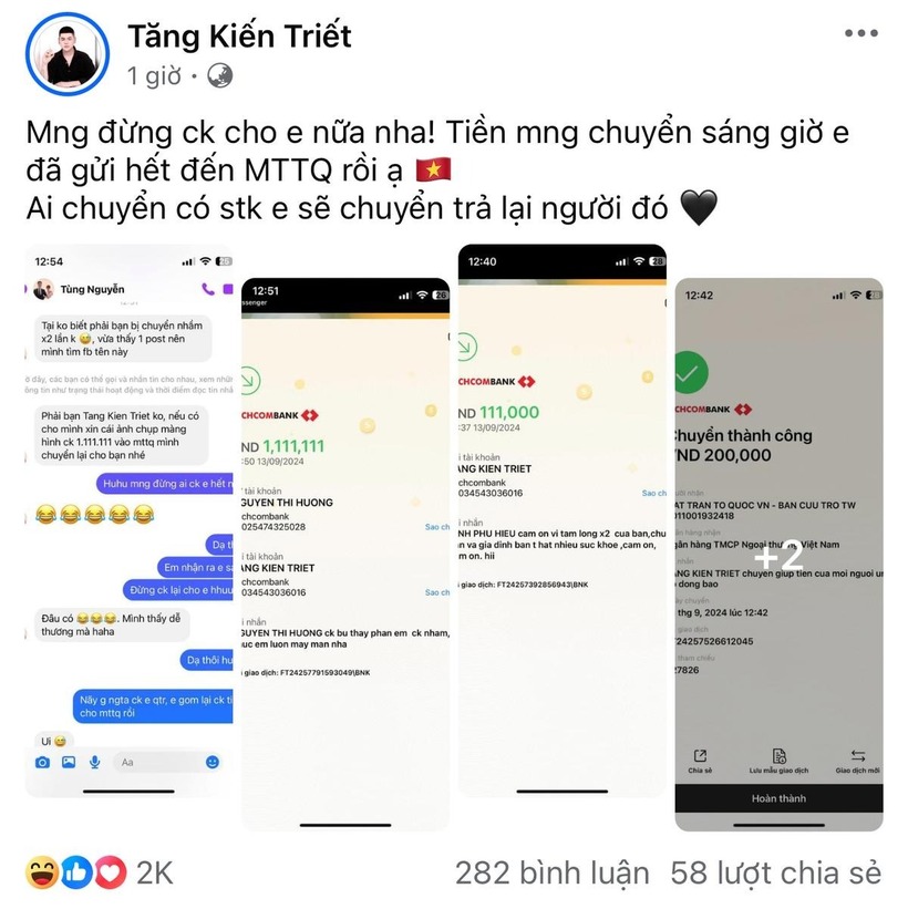 Nhiều người chuyển tiền lại cho anh chàng và được anh chuyển hết cho MTTQ Việt Nam. Ảnh: Sao Star