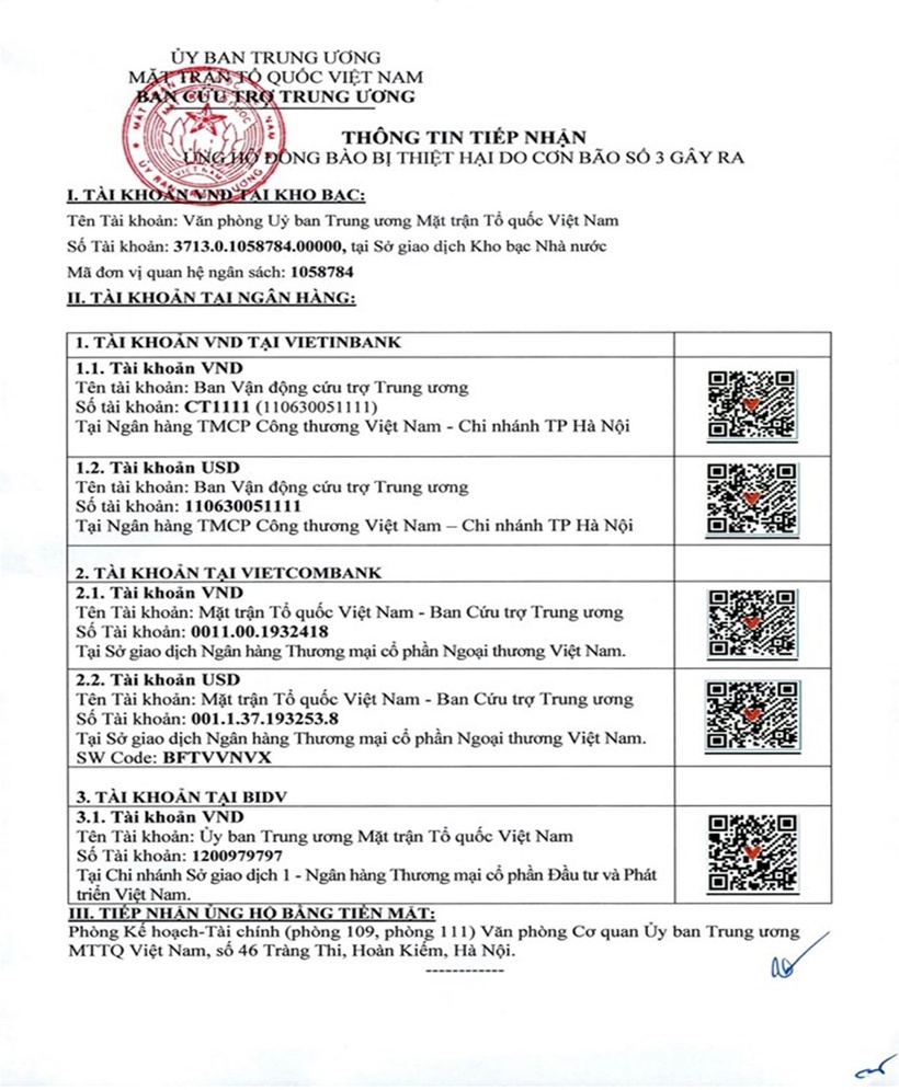 Thông tin cập nhật số tài khoản ủng hộ của Ban Cứu trợ Trung ương. (Ảnh: MTTQVN)