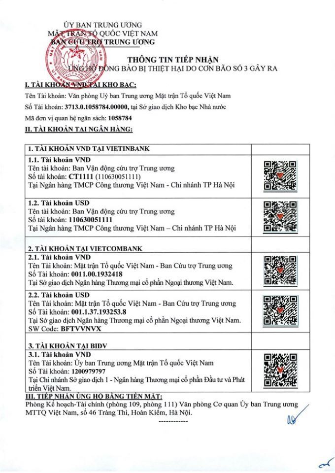 Thông tin cập nhật số tài khoản tiếp nhận ủng hộ của Ban Vận động Cứu trợ Trung ương.
