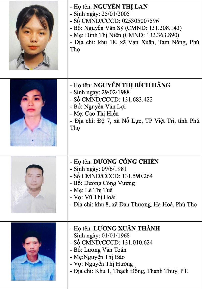 Thông tin những người đang được công an truy tìm tung tích. Ảnh: Dân Trí